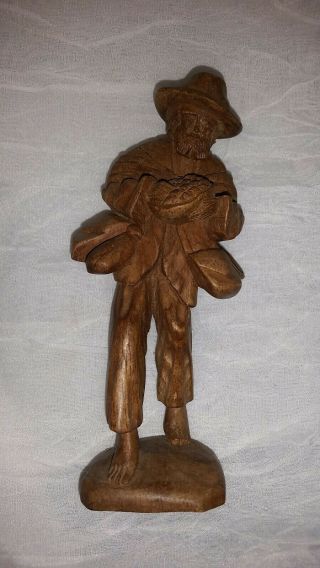 Vintage Wooden Wood Hand Carved Wood Figure Statue Old Man Traveler Napsack 6 "