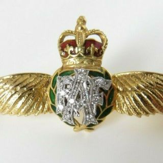 Rare 9ct Gold Diamond & Enamel Raf Sweetheart Brooch / Badge Military Wings 1959
