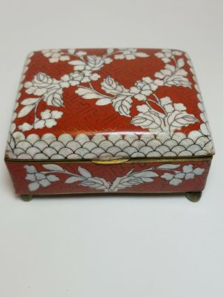 Antique Chinese Cloisonne Brass Hinged Footed Trinket Box Red White Flowers