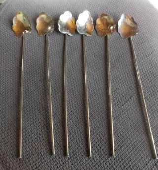 Set Of 6 Mexican Sterling Silver Leaf Shape Ice Tea Long Spoons