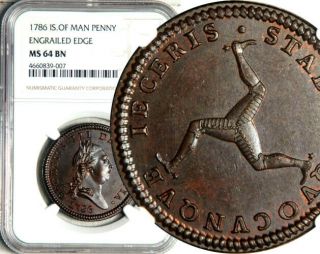 Ngc Ms - 64 Isle Of Man 1 Penny 1786 (rare This Business Strike)