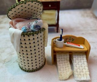 Vintage Miniature Dollhouse Artisan Wicker Laundry Hamper Filled Wall Shelf 1:12