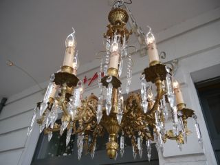 Old Brass Chandelier 12 Light Crystal Glass Bronze Art Deco Rare Italy