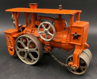 Rare Unrestored Orange Hubley Huber Cast Iron Steam Road Roller Toy W/driver