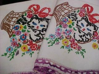 Vintage Pillowcases Hand Crocheted Embroidered Look Painted Kitty Cats Antique