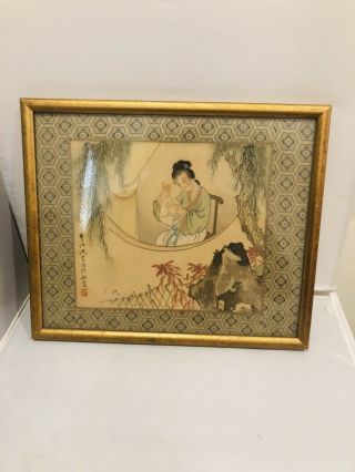 19th Century Chinese Framed Painting On Pith Paper Signed Embroidering Woman