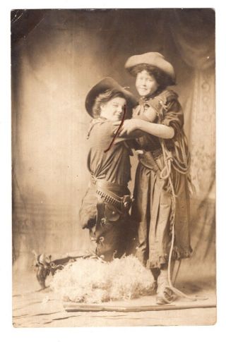 Antique Real Photo Post Card Two Studio Gag Humor Cowgirls In Western Garb
