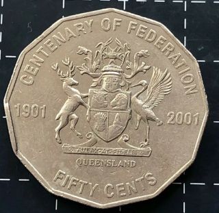 2001 Australian 50 Cent Coin Centenary Federation Queensland Rare Cud Rim Error