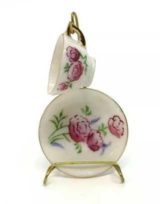 Vtg Japanese December Rose Porcelain Cup And Saucer Doll House Set Vintage