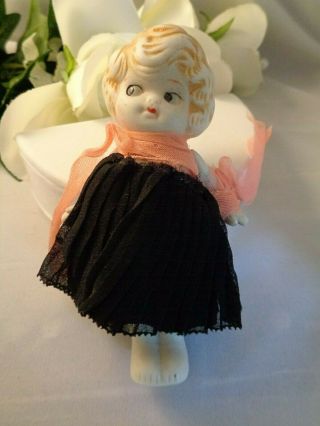 Vintage Japan Frozen Charlotte Jointed Arm China Doll Silk Skirt/scarf 4.  5 "