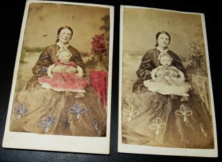 2 Antique Civil War Era Cdv Photos Of Mrs.  Bartola Deleon & Child One Cdv Tinted