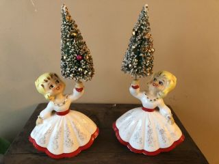 Vintage Rare Holt Howard Christmas Figurine Girls With Bottle Brush Trees 6455