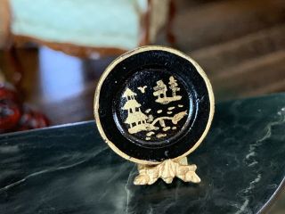 Vintage Miniature Dollhouse 1980 Hand Painted Metal Plate Gold Black Asian Style