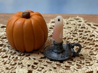 Vintage Miniature Dollhouse Artisan Fall Decor Real Wicked Candle Melted Pumpkin