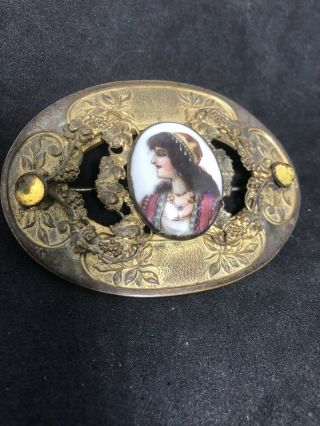 Antique Sash Pin Art Nouveau Amethyst Glass Gilt Metal Brooch