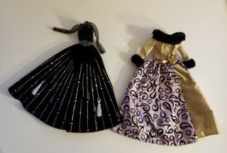 Lof Of 2 Mattel Barbie Gowns - Black/silver And Gold/purple/black