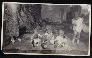 Old Vintage Antique Photograph Babies Sitting On Blanket In Yard