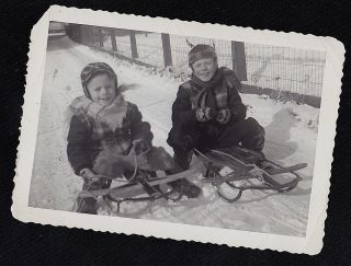 Antique Vintage Photograph Two Adorable Little Boys On Sleds In Snow