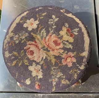 Vintage Floral Needlepoint Topped & Wood Footstool Embroidered Roses Small