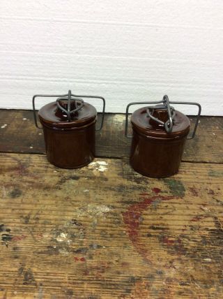 2 Vintage Brown Cheese Crock Stoneware Pottery Jar With Wire Bail Lid No Seals