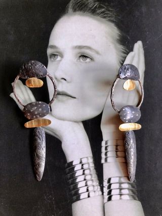 RARE Sydney Lynch Earrings Sterling Silver 18k Gold Modern Studio Artisan Signed 2