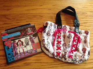 Monster High Sketch Pad & Rare Fabric Purse Hobo Bag White Pink Ribbons Color
