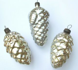 3 Antique Vintage Ussr Glass Russian Christmas Tree Ornament Decoration Pinecone