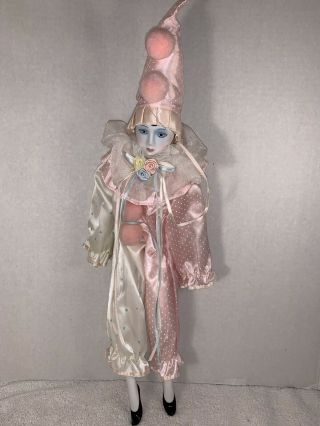 Porcelain China Doll - White Clown With Pink Outfit & Bow | Antique Vintage