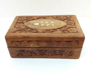 Hand Carved Wooden Decorative Box Keepsake Storage Organizer Inlaid Flower