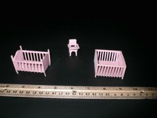 Antique Plastic Dollhouse Miniature Furniture Pink Playpen Baby Bed Highchair