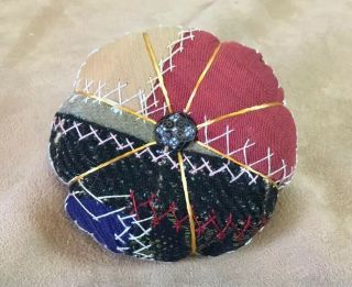 Antique Crazy Quilt Pin Cushion,  Hand Made,  Buttons,  Velvet Back,  Fancy Stitches