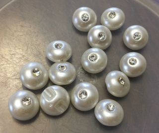 Vintage Japan White Pearl Clear Crystal Center Round Bubble Lucite Bead Buttons