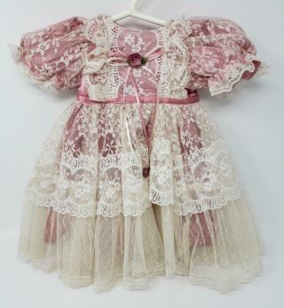 Vintage Handmade Dusty Pink Satin Ivory Lace Doll Dress