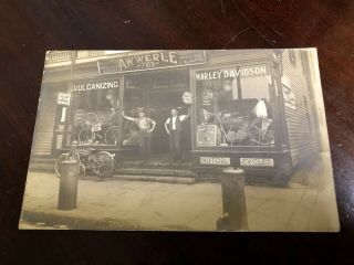 Rare 1912 Rppc Real Photo Post Card Harley Davidson Garage Haven Ct
