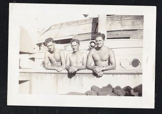 Antique Photograph Three Sexy Shirtless Military Men Standing On Boat