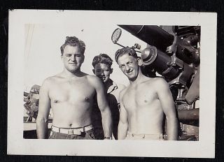 Antique Vintage Photograph Three Sexy Shirtless Men Standing On Boat