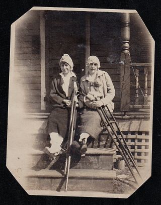 Antique Vintage Photograph Two Women In Cool Outfits Sitting W/crutches On Porch