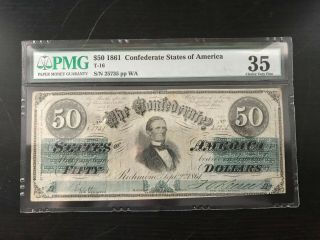 1861 $50 Rare Jefferson Davis Confederate Bill,  Graded 35 Choice Very Fine (pmg)