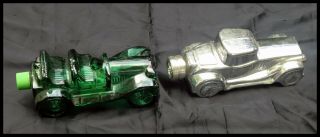 Avon Cologne Bottles 2 Empty Antique Vintage Cars Green Silver