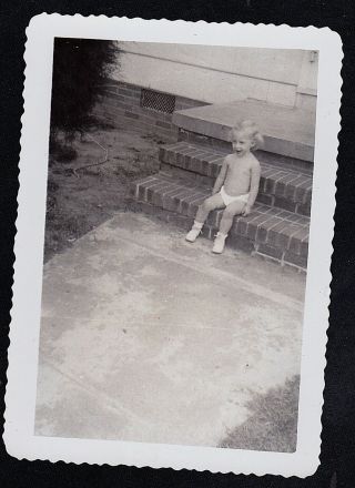 Antique Vintage Photograph Cute Little Baby Sitting On Front Steps