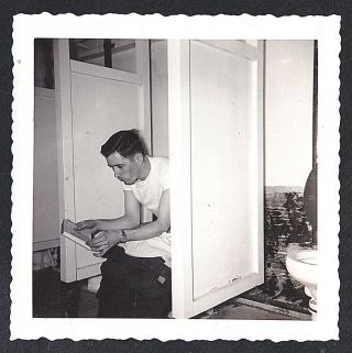 Antique Vintage Photograph Man Sitting On Toilet Bowl Reading A Book