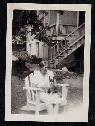 Antique Photograph Woman W/ Boston Terrier Puppy Dog Sitting On Lap In Yard