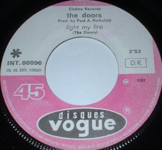 The Doors Light My Fire 7 " 1967 Disques Vogue France 1st Rare Int 80096