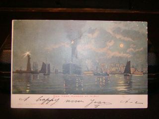 Antique Postcard C1906 York Harbor,  Ships @ Night,  W/ Statue Of Liberty