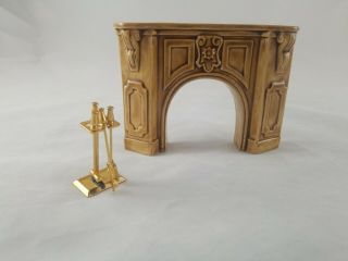 Vintage Dollhouse Miniatures Furniture Ceramic Fireplace With Metal Accessories