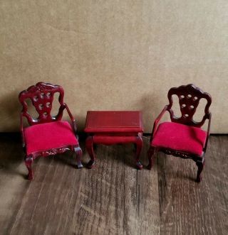 Vintage Miniature Dollhouse Wooden Furniture Red Velvet Chairs & Table