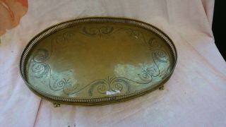 Vintage Antique Large Brass Tray 46cm X 34cm With Legs And Hand Etched Design
