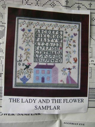 Cross Stitch Pattern House Antique Style " The Lady & The Flower Samplar " Sampler