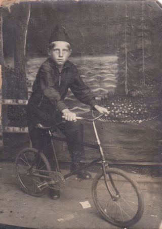 1939 Handsome Young Boy On Bicycle In Hat Fashion Old Russian Antique Photo