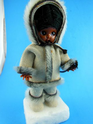 Vintage Eskimo Doll 6 " In Suede Leather Large Eyes W Fish Knickerbocker Souvenir